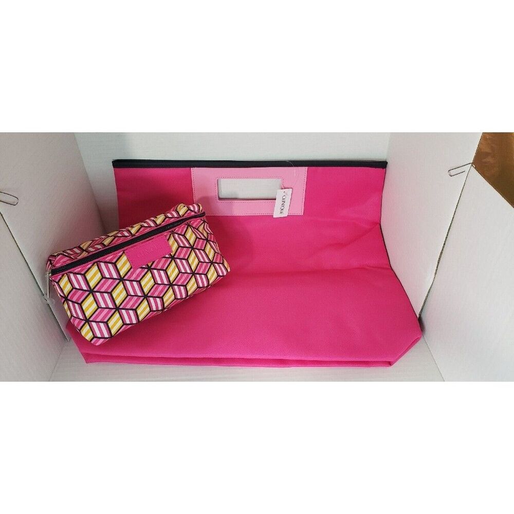 Lot Of 2 Clinique Pink Tote & Geometric Makeup Bag